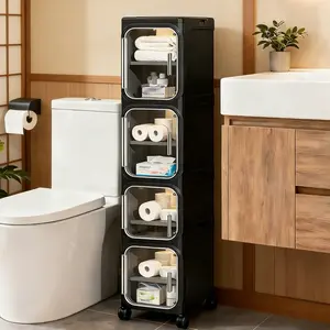 4-Tier Tall Narrow Storage Cabinet, Slim Bathroom Storage Cabinet with Adjustable Shelves and Wheels, Narrow Organizer for Small Space, Bathroom, Kitchen, Laundry, White