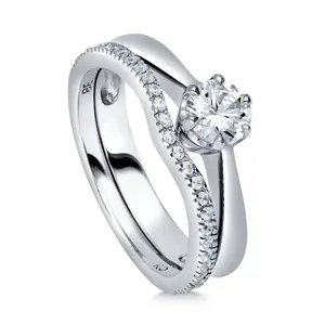BERRICLE Sterling Silver Solitaire Wishbone Engagement Promise Rings Stackable Band for Her, 0.45 Carat Round Cut Cubic Zirconia CZ Ring Set