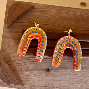 Hand-Painted Fiesta Design Dangle Earrings, Post-Back Style talavera