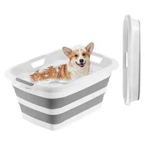【Summervibes】VEVOR Dog Bathtub, Collapsible Dog Bath Tub, Pet Bathing Grooming Wash Shower Station, Portable Space-saving & Stable Support, Built-In Drainage Hole for Small Pet Puppy Doggie Cat Outdoor, Gray White