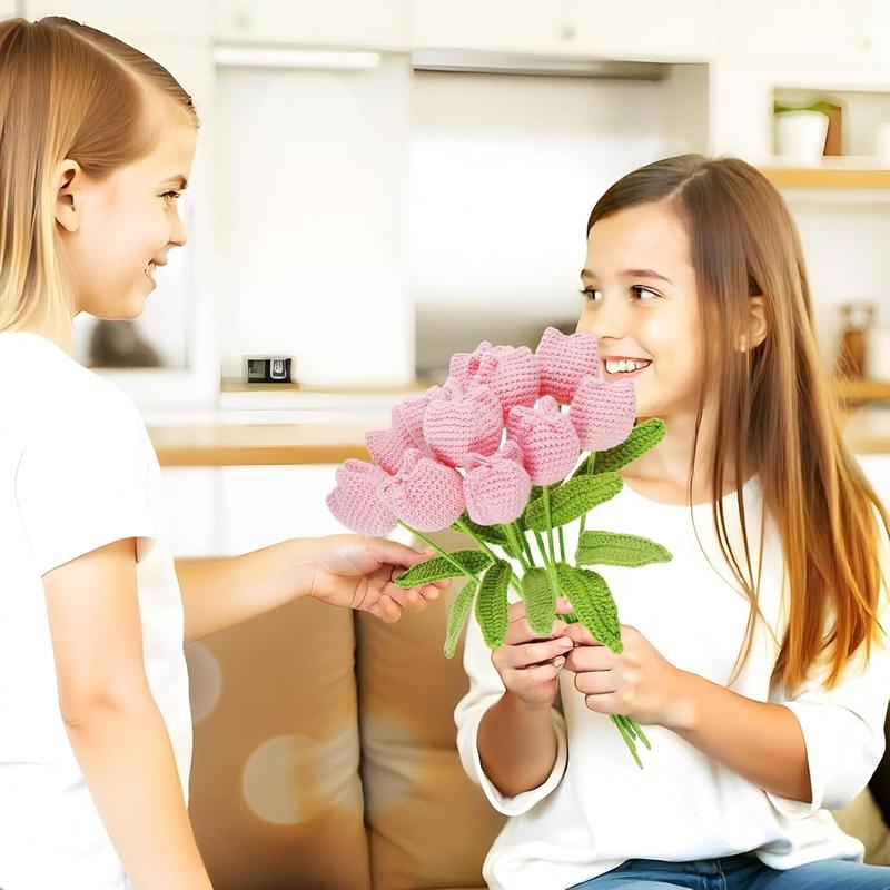 12 count Crochet Rose Handmade Knitted   Sunflower Daisy Heart Artificial Knitted Floral Mother Day Graduation Home Decor(Cute Pink )