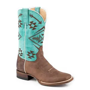 Womens Burnished Brown Leather Vamp Boot With Native Embroidered Turquoise Shaft