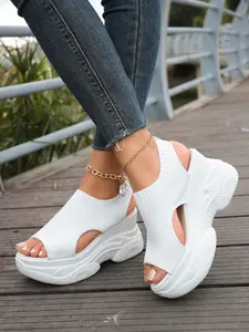 Women's Fashion Wedge Sandals, Open Toe, Thick Sole, One Strap Buckle, PU Leather Upper, Elegant Style, Less Than Ankle Height