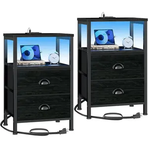Nightstands Set of 2 End Tables with Charging Station LED Lights Black Night Stands 2 Fabric Drawers Bedside Tables for Living Room Bedroom Black Oak Finish