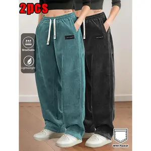 2pcs Women's Corduroy Pants with Elastic Drawstring Waist & Rear Pockets - Straight Leg Full-Length Trousers, Solid Color Casual Wear for All-Season (Corduroy Fabric) - Hand Washable Non-Stretch Pants