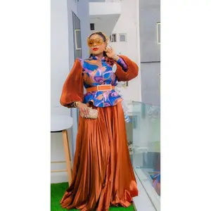 Orange Brocade 3D Flower Peplum Top and A-Line Maxi Skirt - Mother of The Bride Wedding Guest Bridal Photoshoot Birthday Party