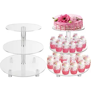 3 Round Cupcake Stand, Acrylic Cake Stand Holder Macaron Display Rack Cookie Candy Buffet Desserts Platter with Base for Baby Shower, Birthday, Wedding, (3-with Base)
