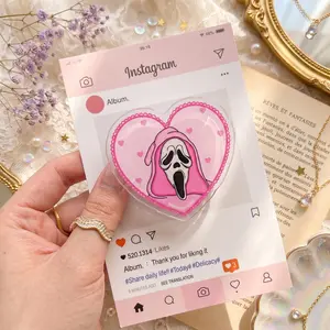 Pink Horror Phone Grip, Heart Shape Acrylic Grip with Masked Character Art, Cute Spooky Phone Holder for Smartphones