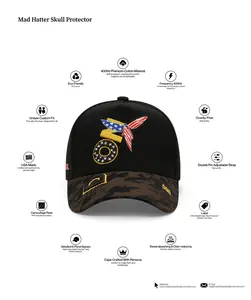 Mad Hatter Skull Protector “IN GOD WE TRUST” “THE DON” Embroidered Baseball Cap – Black Crown, 400 HZ Cotton, Two-Tone Camouflage Brim. Adjustable Snapback Strap.