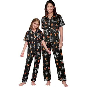 Mommy and Me Pajamas Mother Daughter Family Matching Sleepwear Button Down Silky Satin Nightwear，Halloween Pumpkin Ghost Pajama Set