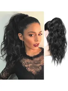 22-Inch Long Wavy Ponytail, Single Piece, Natural Black, Voluminous Realistic Synthetic Clip-in Hair Extension, Daily Versatile Wear