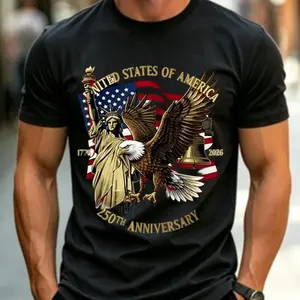 Men's Premium 100% Cotton Graphic T-Shirt. Trendy "USA 250th Anniversary" Artistic Print. Iconic Eagle and Statue of Liberty Design. High-Street Streetwear for Patriotic Spirit. Soft & Comfortable Daily Casual Top. ugly day fashion outfit
