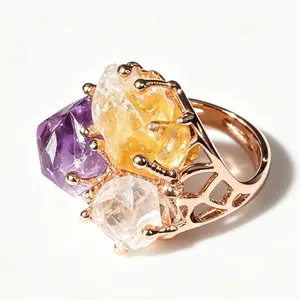 18K Rose Gold Plated Raw Crystal Adjustable Ring for Women, Natural Amethyst Citrine Clear Quartz Rough Stone Open Band, 3 Healing Crystal Mineral Ring, Vintage Crystal Jewelry Gift with Dark Green Drawer Jewelry Box & Black Velvet Pouch
