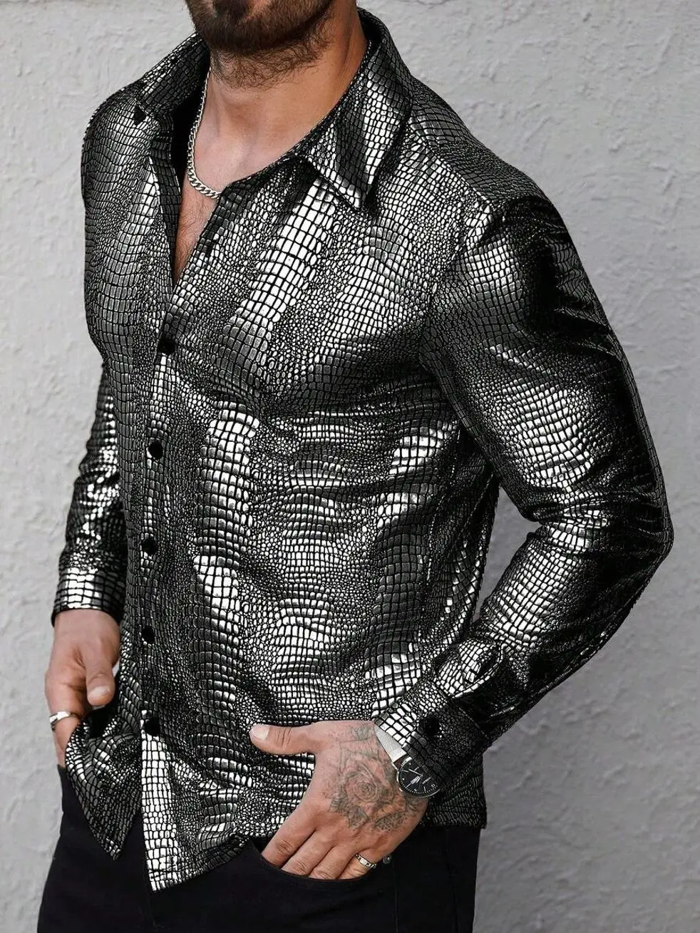 Long sleeve shirt for men - Men's Snake Skin Print Shirt, Long Sleeve Sequin Button Down, Metallic Silver Party Clubwear Top long sleeve tops long sleeve shirt summer clothing trending clothing trending clothes male clothing long sleeve shirt