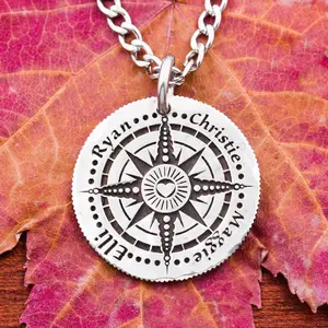 Personalized Compass Necklace, 4 Best Friends, Engraved Real Silver Coin, Custom Names and Initial