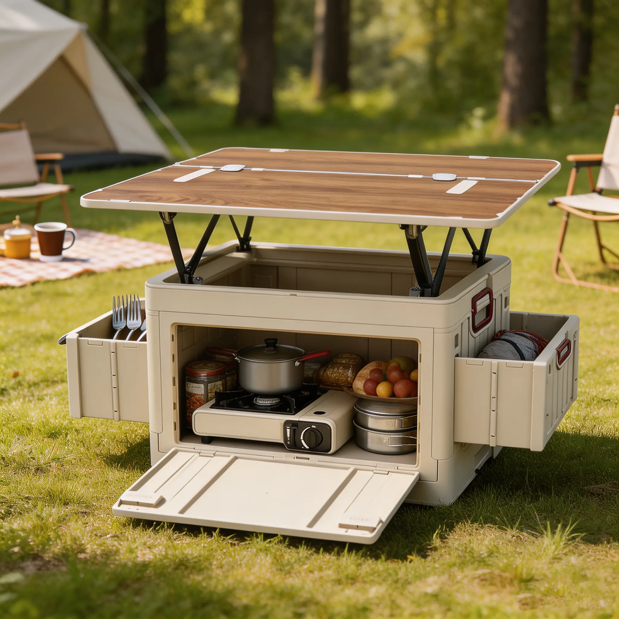 Collapsible Outdoor Camping Storage Box Table - Heavy-Duty High-Strength PP Organizer with Multi-Zone Side Storage Baskets, Easy-to-Store Design for Camping, Picnic, Beach, RV & Home Use
