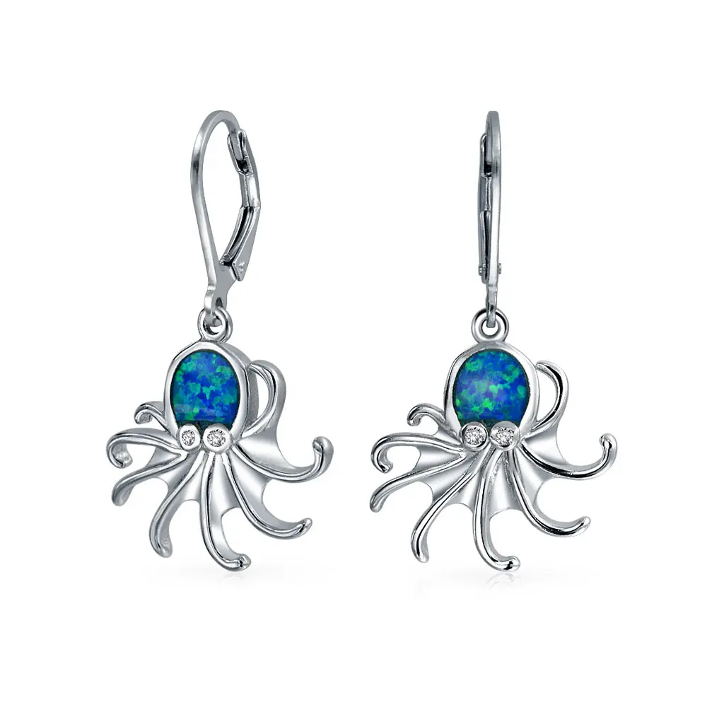 Nautical Created Opal Octopus Dangle Earrings Sterling Silver Lever Back