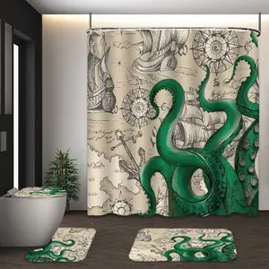 LVRLVR 4Pcs Octopus Tentacle Pirate Map Print Nautical Vintage Multi-Color Shower Curtain Set 70.8×70.8 Inch