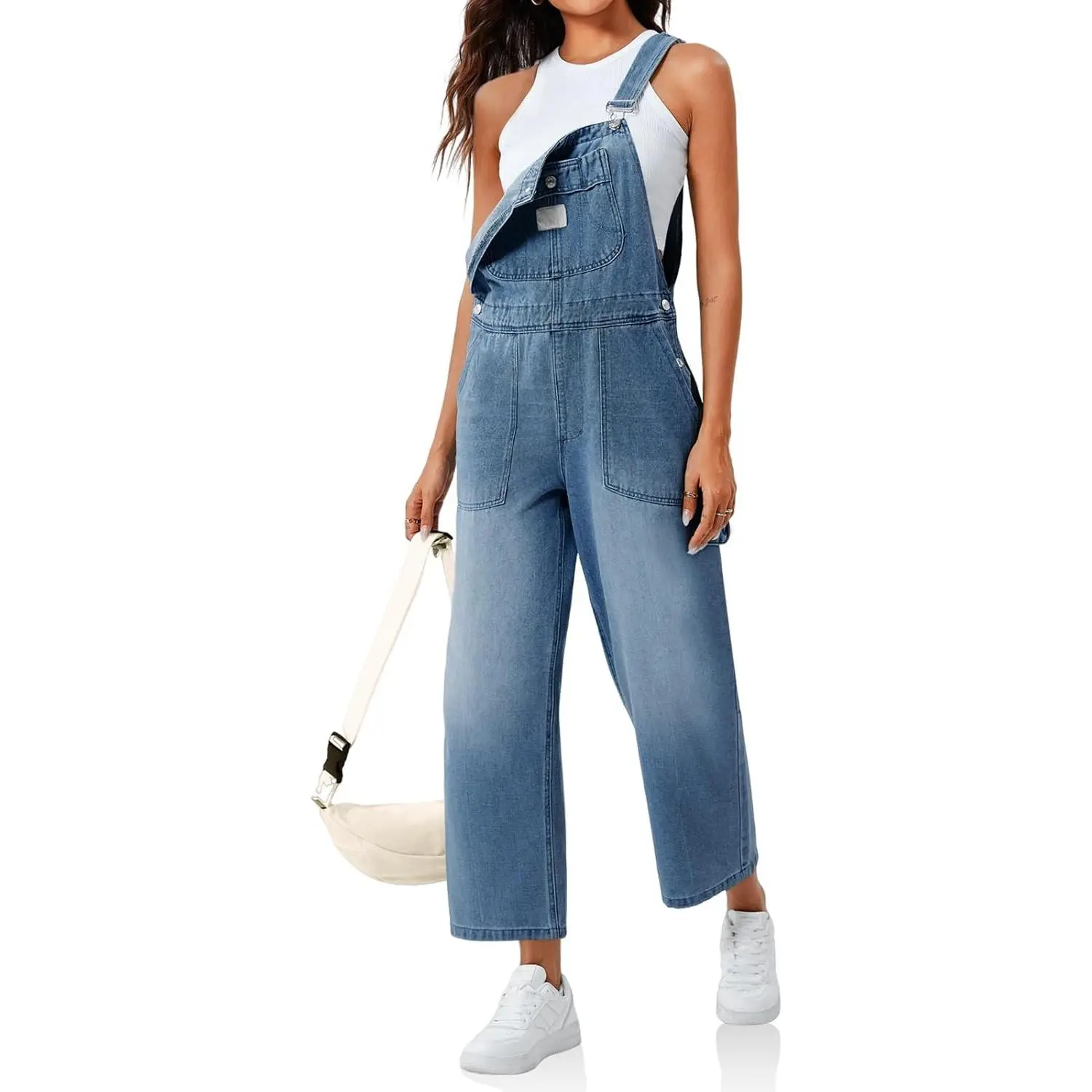 Imily Bela Women's Cotton-Viscose Cargo Denim Overalls for Women, Chic 90s Style Soft Straight Cropped Wide Leg Jumpsuit with Adjustable Strappy Bib, Pockets, Basic Blouse Compatibility, Outdoors Use & Soft Aesthetic, Holidays, Short Overalls, Casual, Sex