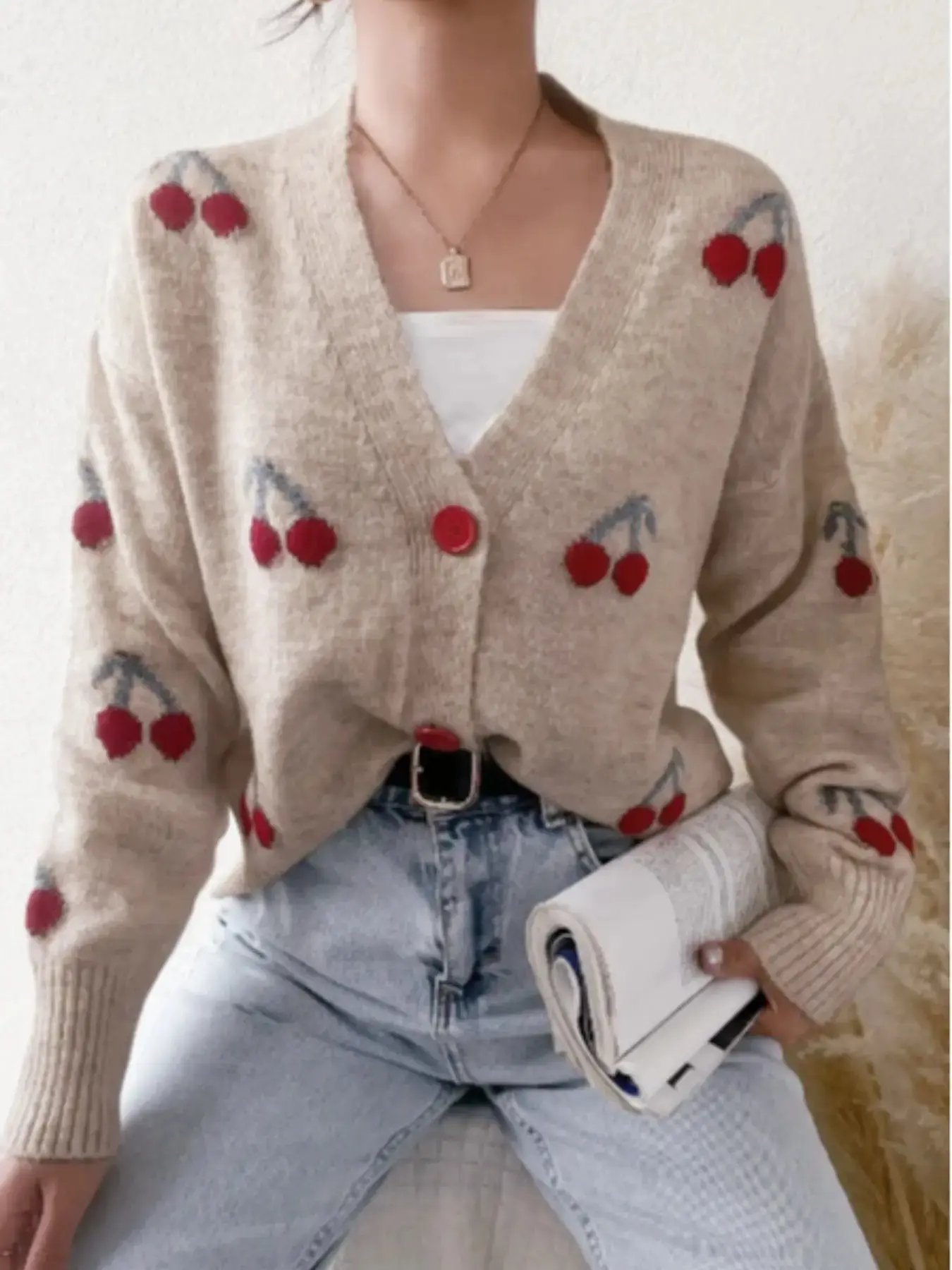Women's Cherry Pattern Button Front Knit Cardigan, Elegant Long Sleeve Sweater Cardigan for Fall & Winter, Women's Knit Clothing for Daily Wear