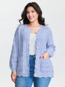 【 Pocket Approved 】 Bloomchic Textured Lantern Sleeve Button Knit Cardigan