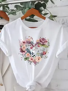 A T-Shirt for Women Featuring a Floral Heart Pattern, Made from Soft And Cozy Material, Perfect for Any Season, Adorned with Pink And Purple Flowers, And Safe for Machine Washing