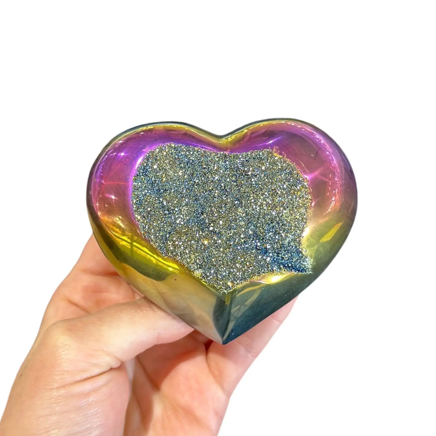Radiant Rainbow Titanium Aura Quartz Heart Crystal | Heart-Shaped Cluster | Dark Textured | 3in | Gift | Decor