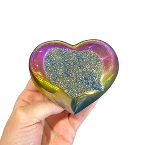 Radiant Rainbow Titanium Aura Quartz Heart Crystal | Heart-Shaped Cluster | Dark Textured | 3in | Gift | Decor