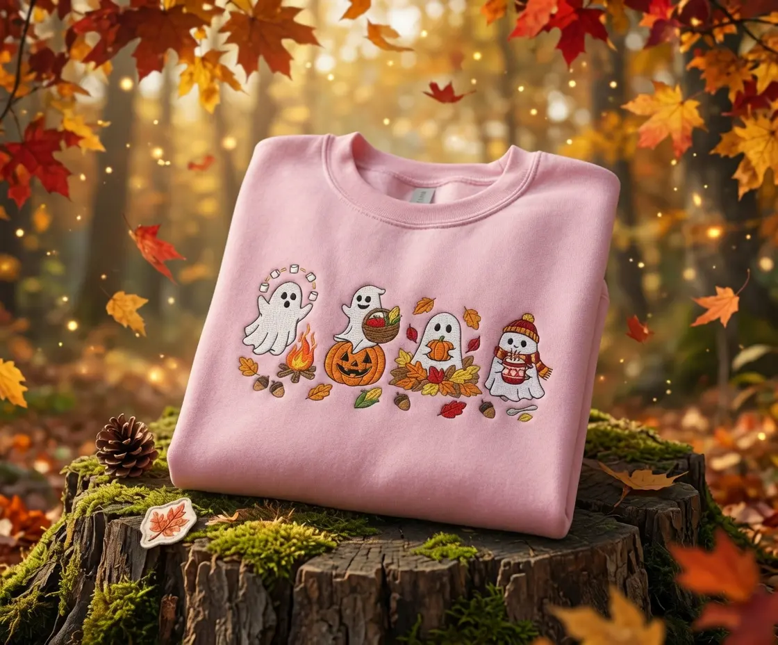 Embroidered Cute Ghosts Sweatshirt, Cozy Fall Ghost Crewneck, Pumpkin Spice Spooky Season Shirt, Halloween Gift for Fall Lover Her