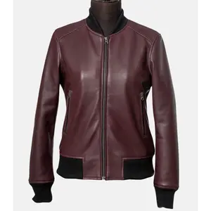 Women's Classic Maroon Bomber Leather Jacket with Two Pockets