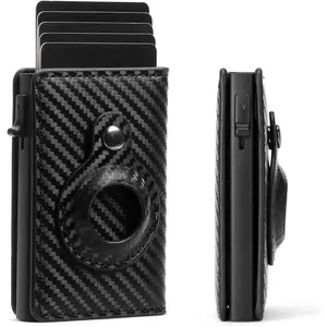 Slim Smart Mens Wallet Card Holder for AirTag Minimalist Leather Front Pocket Wallet RFID Blocking Pop Up Aluminum Case Credit Card Wallet