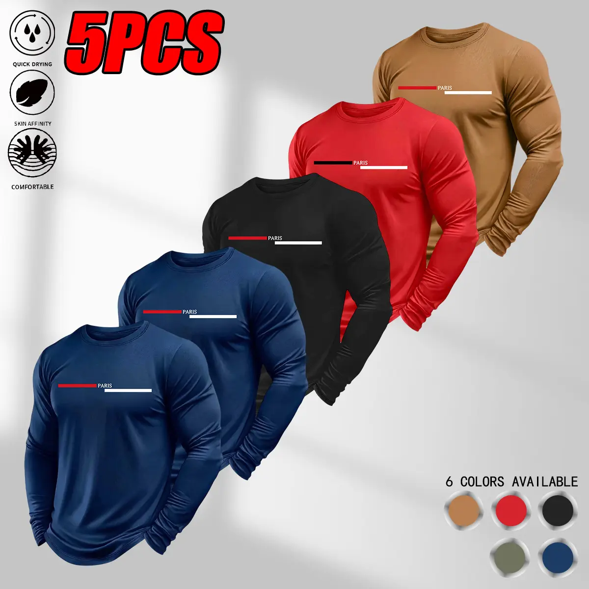 JOGWAVE Men’s 5PCS Long Sleeve T-Shirts - Stylish Printed, High-Quality Polyester, Breathable, Solid, Comfortable, All-Season, Everyday Casual Wear, Machine Washable
