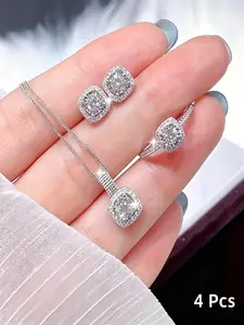4pcs Zirconia Jewelry Set, Necklace Pendant, Ring, Earrings, Elegant Cut, Sparkling, Fashionable, Versatile, Perfect for Any Occasion