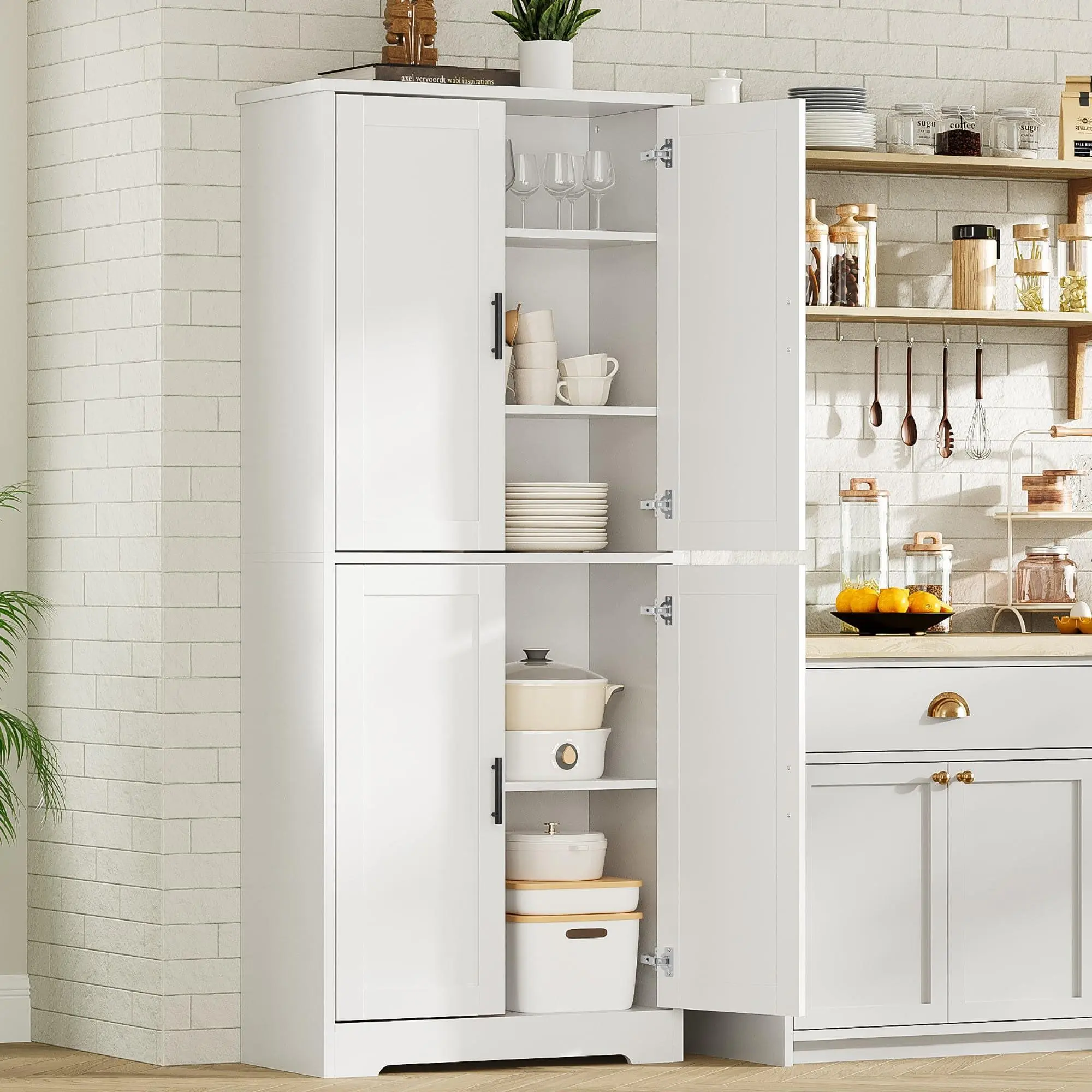 GAOMON Kitchen Pantry Cabinet, 70 Inch Tall Storage Cabinet with Doors and Adjustable Shelves, Freestanding Wooden Classic Cupboard for Living Room, Dining Room, Bathroom, White