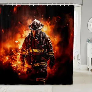 Feelyou Firefighter Shower Curtain - Character-Themed, Fabric Print, Textile Artwork, Universal Attachment Curtains, Realistic Flame Fire Fighting Design, Lightweight, Washable, Waterproof, Includes 12 Hooks, for Kids, Vintage Country Bathroom Decor, Char