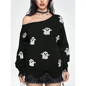 Plus Size Cartoon Ghost Print Ripped Drop Shoulder Sweater, Casual Long Sleeve Round Neck Jumper for Fall & Winter, Women's Knitwear for Daily Wear