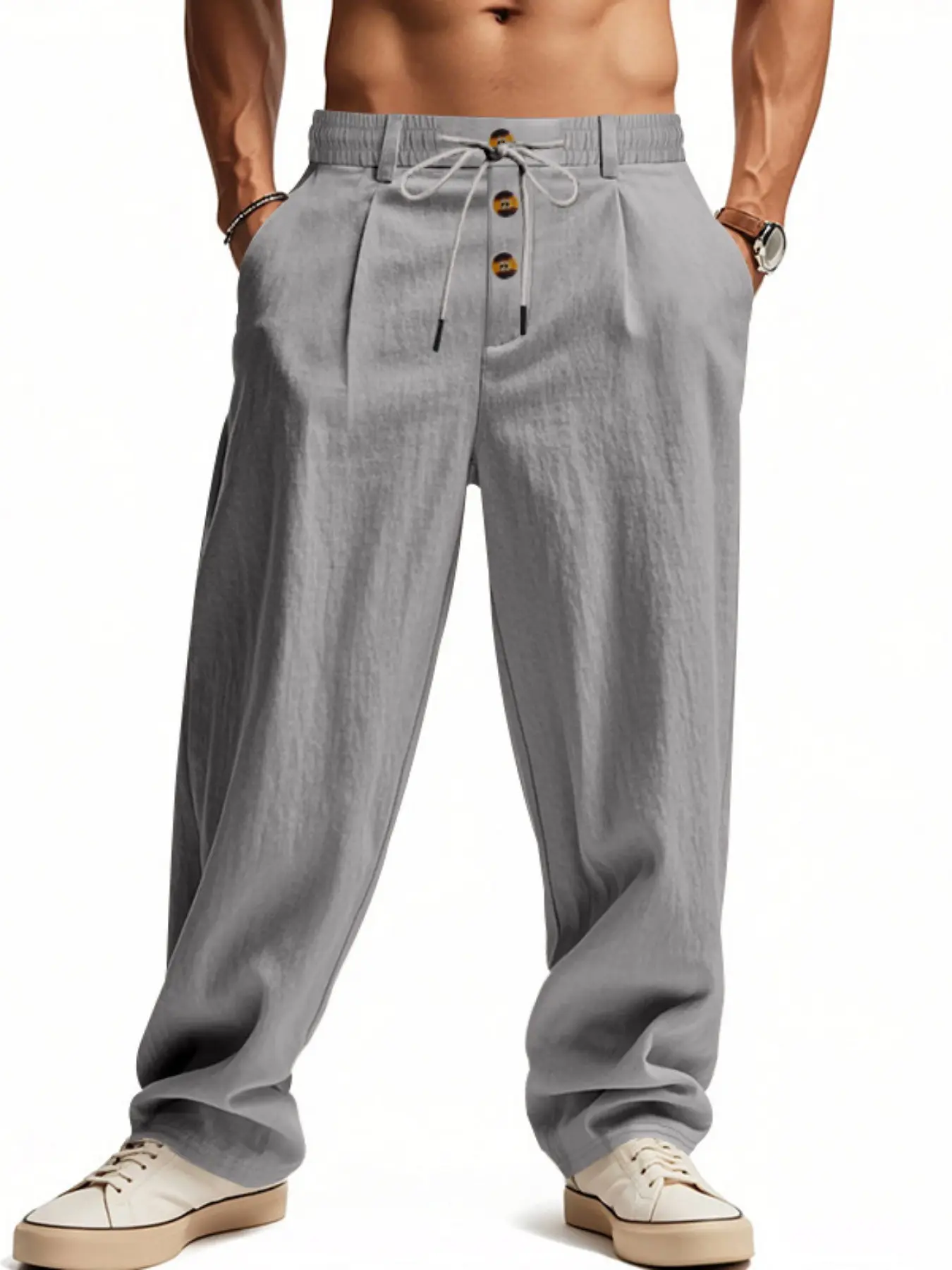 Men's Linen Mid Waist Casual Wide-Leg Pants, Casual Plain Trousers, Breathable Loose-Fit Sports Trousers, Comfortable Men's Pants for Daily Wear