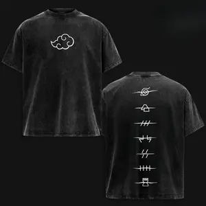 Men's Unisex Naruto Anime Akatsuki Clan Logo Retro Washed Oversize Heavyweight Cotton Shortsleeve Round Neck Tshirt, High-Quality Vintage Streetwear Top for Naruto Fan Casual Wear Graphic Tee Harajuku Y2K Apparel