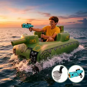 Rechargeable Motorized Tank Pool Float for Kids and Teens, Inflatable Water Battle Boat with Electric Blaster, Durable PVC Summer Outdoor Toy