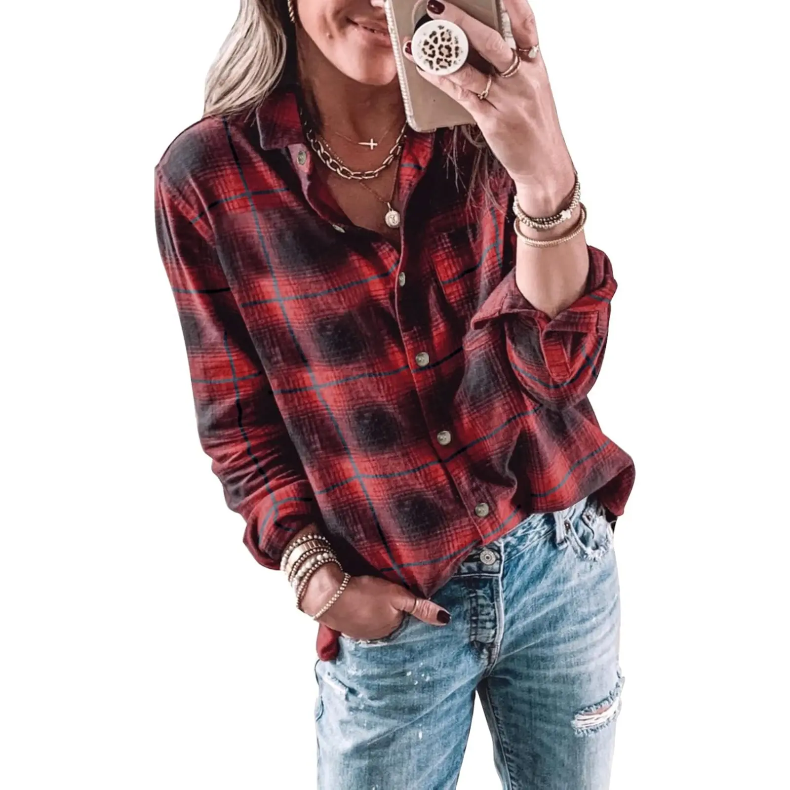 Tankaneo Womens Long Sleeve Button Down Shirt Casual Plaid Flannel Shirt Collared Blouse Tops