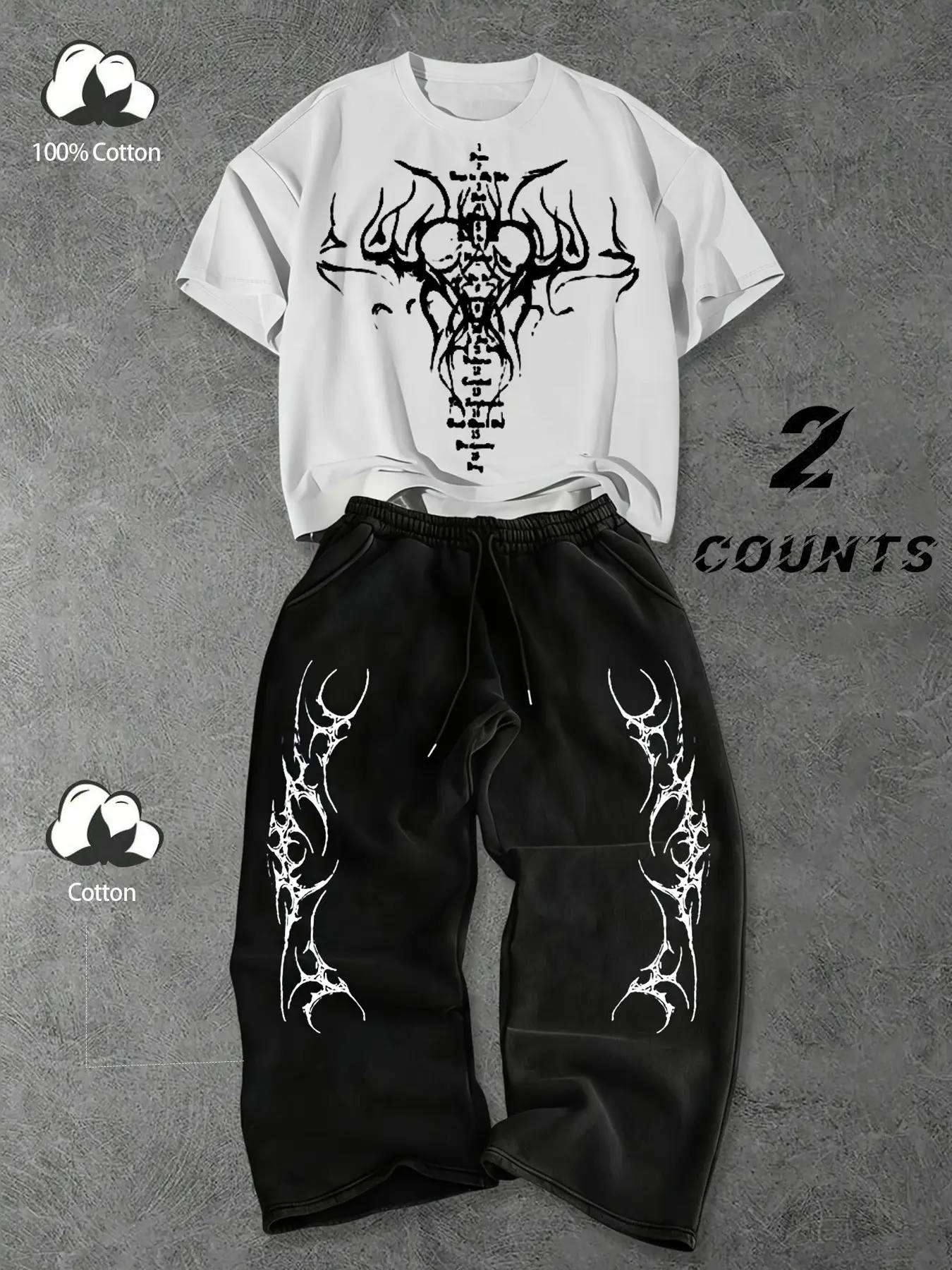 Men’s and Women’s Black Gothic Tribal Thistled Cloth Print Loose Two-Piece Set – Y2K Vintage Street Style 100% Cotton T-Shirt + Cotton-blend Long Pants/Hipster Pants Set. Street Gothic Fashion, suitable for dark-themed Gothic styles, trendy hip-hop festiv