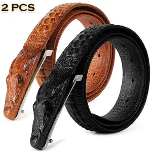 2-Pack Men'S Crocodile Pattern Design Belt, Crocodile Leather Embossed Belt, Two-Layer Cowhide Belt, Unique Design, Leisure Style, Imitation Animal Crocodile Head Belt Buckle, Holiday Accessories