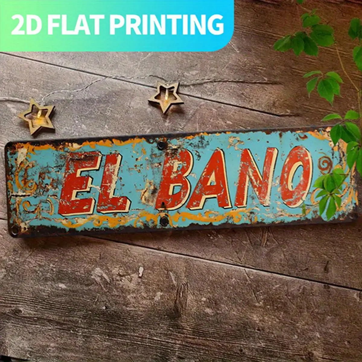 2D Flat, 1pc Vintage Turquoise & Turquoise/Orange Retro Spanish "EL BANO" Metal Wall Sign - Distressed Turquoise & Rustic Brown/Beige - Turquoise Lettering - Farmhouse Kitchen, Porch, for Man Cave, Spanish Decor - Easy Hang with Pre-Drilled Holes - Spanis