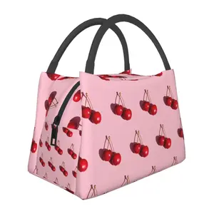 Lunch box, lunch bag, reusable portable insulation bag, insulation bag,cherry pattern, suitable for outdoor camping, work, school, fitness