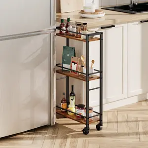 MAHANCRIS 3-tier Storage Utility Cart With Wheels, Slim Rolling Cart on Wheels for Narrow Spaces, Rustic Brown Wooden Kitchen Trolley