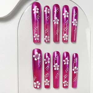 Flower Pattern Very Long Square Press on Fake Nail, 10pcs Glossy Finish False Nails with Tools, Elegant Stick on Nails Kit for Women & Girls DIY Nail Art