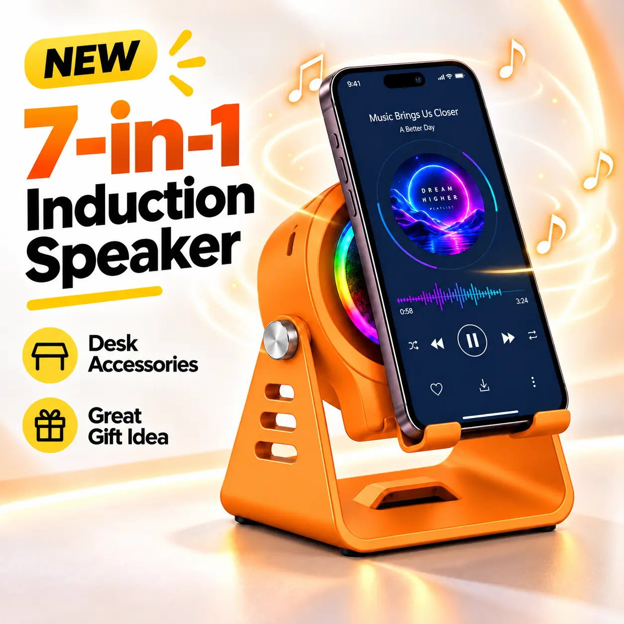 ULMIED 7-in-1 Electronic Bluetooth Stereo Speaker Phone Stand - Wireless Charging Dock with 1500mAh Rechargeable Battery, 360° Rotating Mobile Cellphone Holder, 3D Infinity LED Mirror Light Desktop Station for iPhone Android Gifts