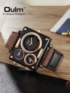 OULM 3595 Personality Three Dial Quartz Watch! Multi-Time Zone Display + Retro Style, Multiple Color Options, Textured Case + Comfortable Canvas Strap, Dial Relief Details for Luxury, Daily Wear , Exclusive Style Piece for Trendy Guys!