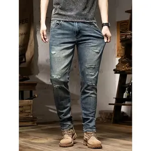 Vintage Blue High-Cotton Slim-Fit Jeans | Distressed Streetwear Denim
