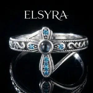 S925 Sterling Silver Faith Cross Ring, Midnight Black & Blue Stones, Hidden Inscription "With God All Things Are Possible". Meaningful Christian Jewelry, Perfect Mother's Day Gift for Strength & Encouragement. Antique Gothic Aesthetic Statement Ring